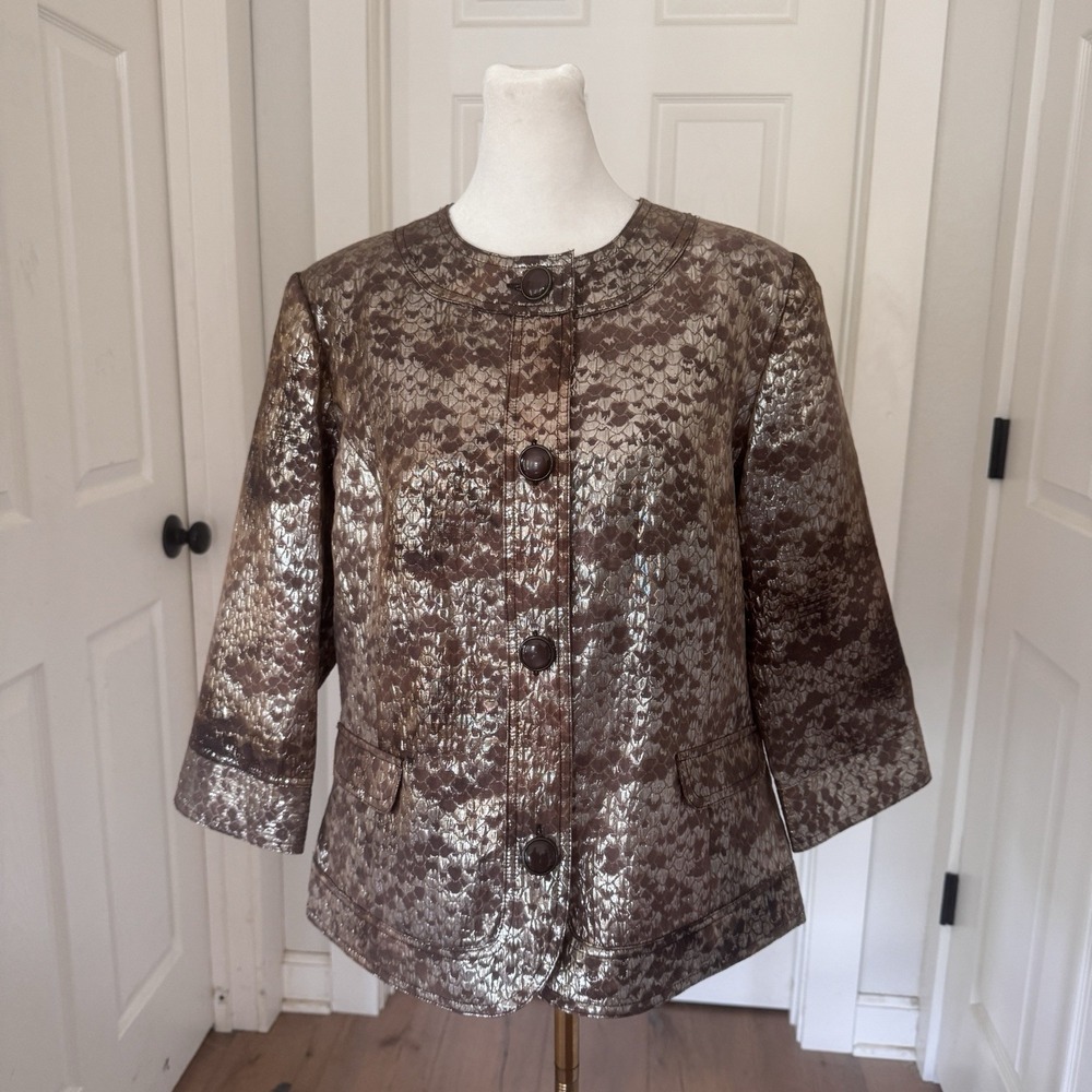 Tanjay Jacket Top Womens Sz 10 Metallic Brown Button Up Artsy Dressy Snakeskin